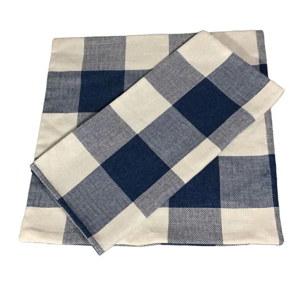 Blue White Woven Checker Square Pillow Cases 18x17 Set of 2